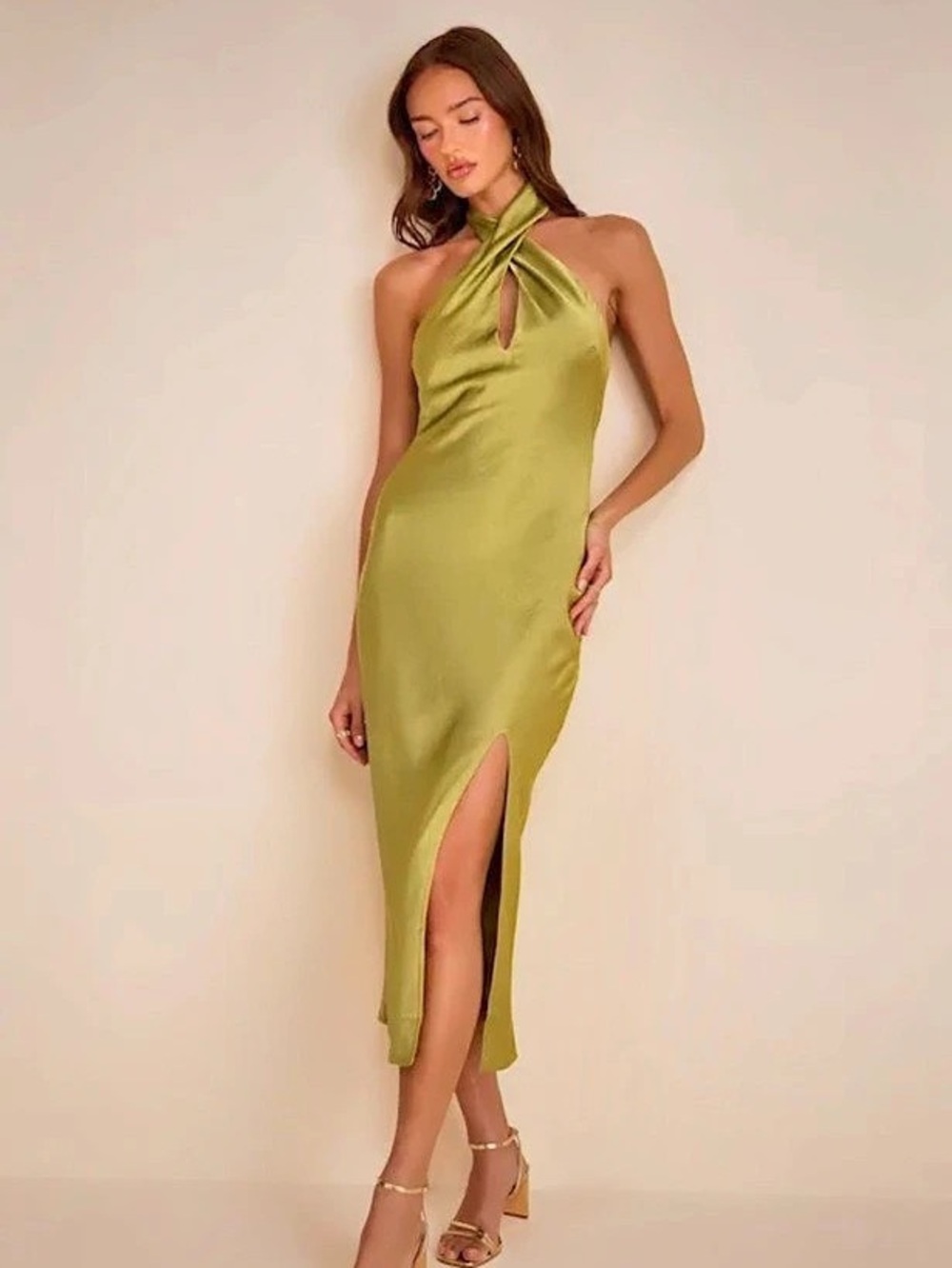 Lulus Daney Olive Green Satin Cross-Front Halter Maxi Dress
